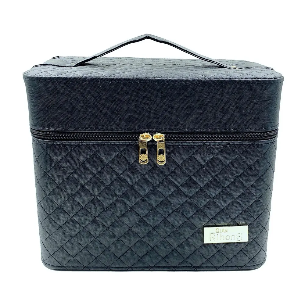 Women's Fabric Professional Beauty Make Up Nail Cosmetic Box Vanity Case 28 X 23 X 19cm (Black)