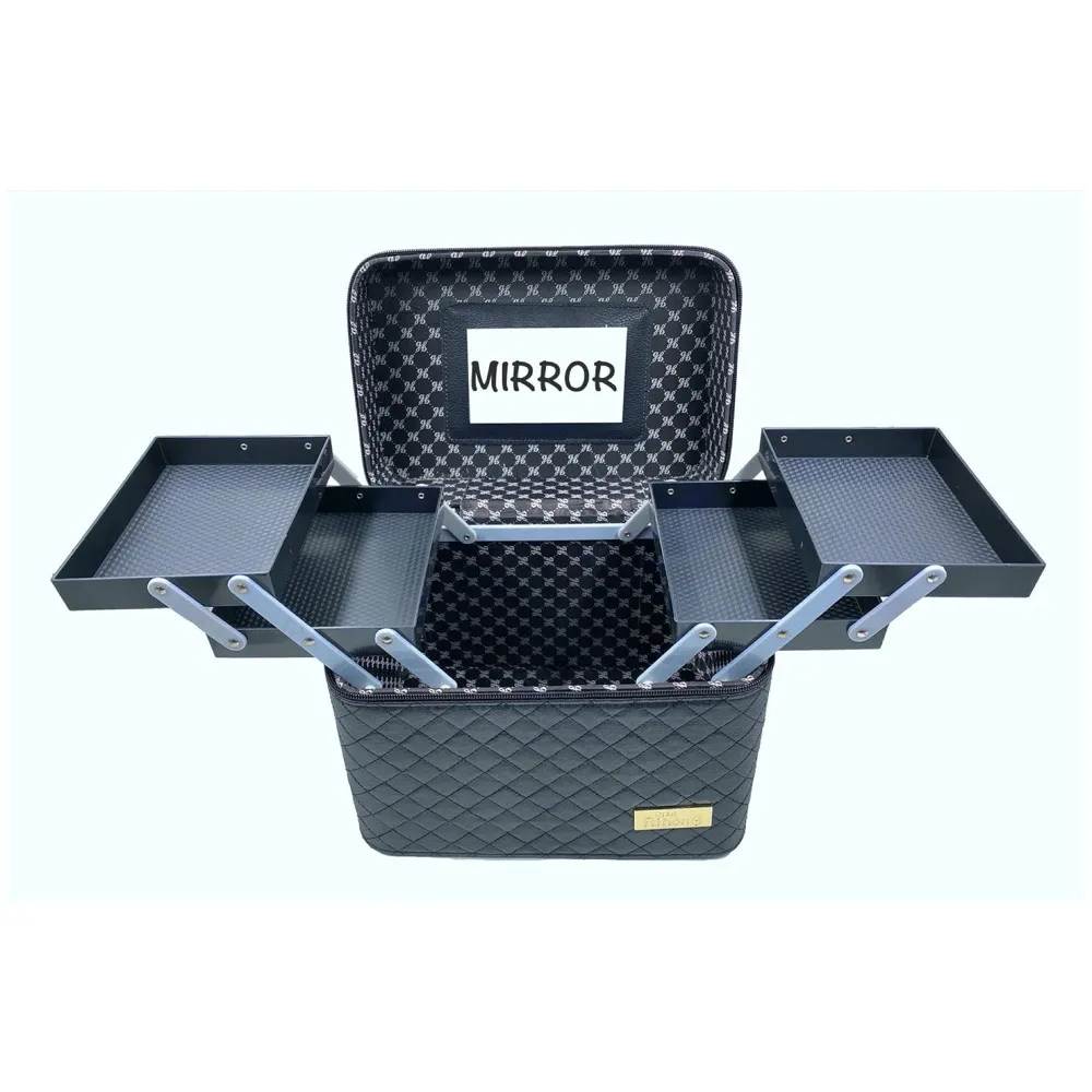 Women's Fabric Professional Beauty Make Up Nail Cosmetic Box Vanity Case 28 X 23 X 19cm (Black)