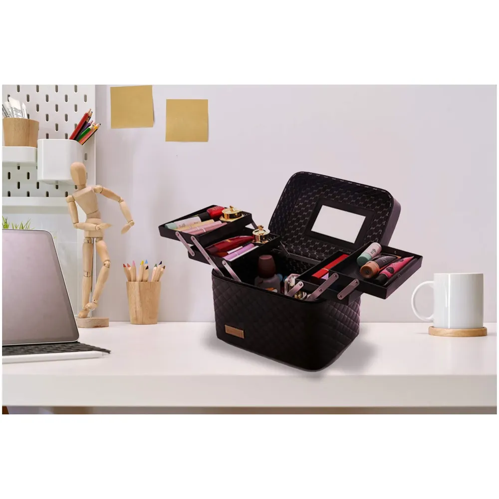 Women's Fabric Professional Beauty Make Up Nail Cosmetic Box Vanity Case 28 X 23 X 19cm (Black)