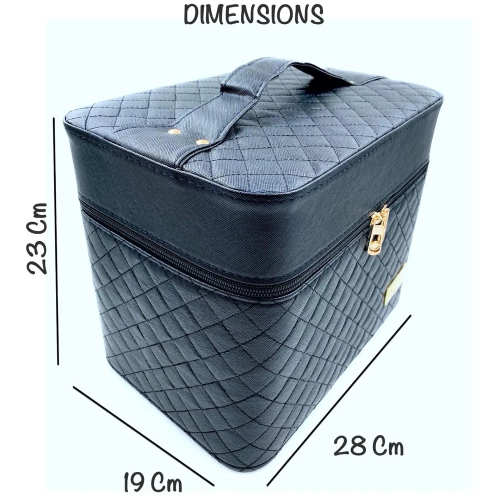 Women's Fabric Professional Beauty Make Up Nail Cosmetic Box Vanity Case 28 X 23 X 19cm (Black)