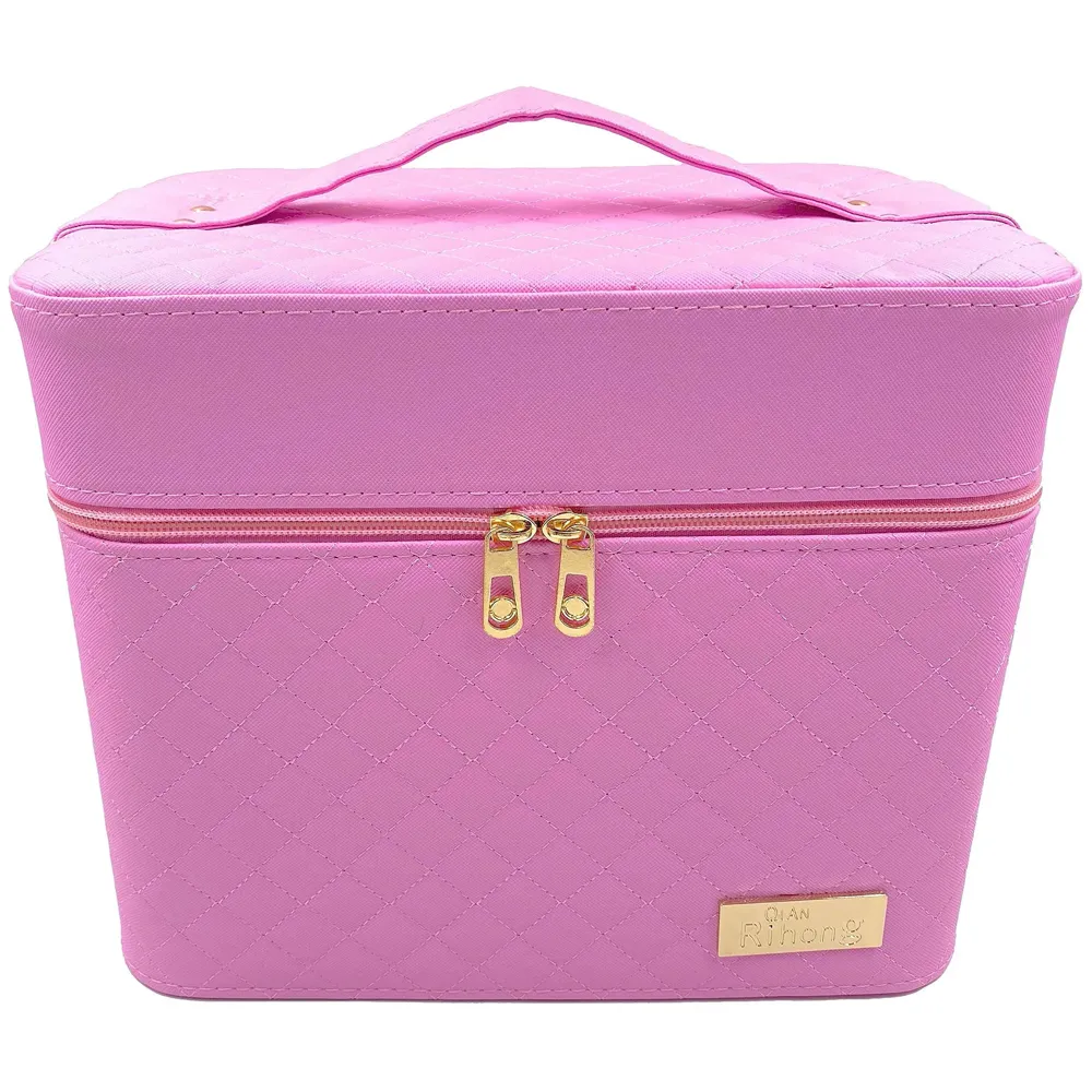 Women's Fabric Professional Beauty Make Up Nail Cosmetic Box Vanity Case 28 X 23 X 19cm (Pink)