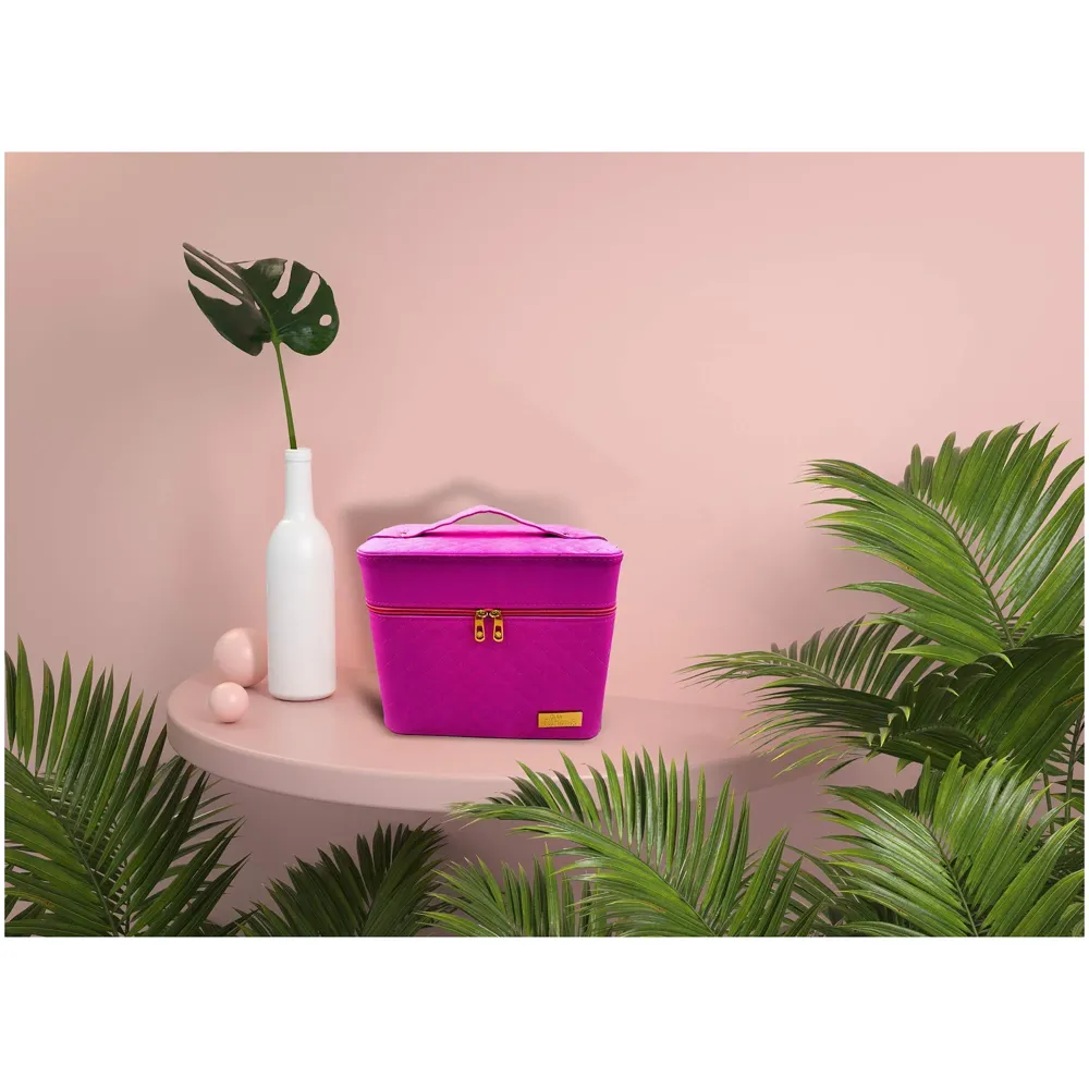 Women's Fabric Professional Beauty Make Up Nail Cosmetic Box Vanity Case 28 X 23 X 19cm (Pink)