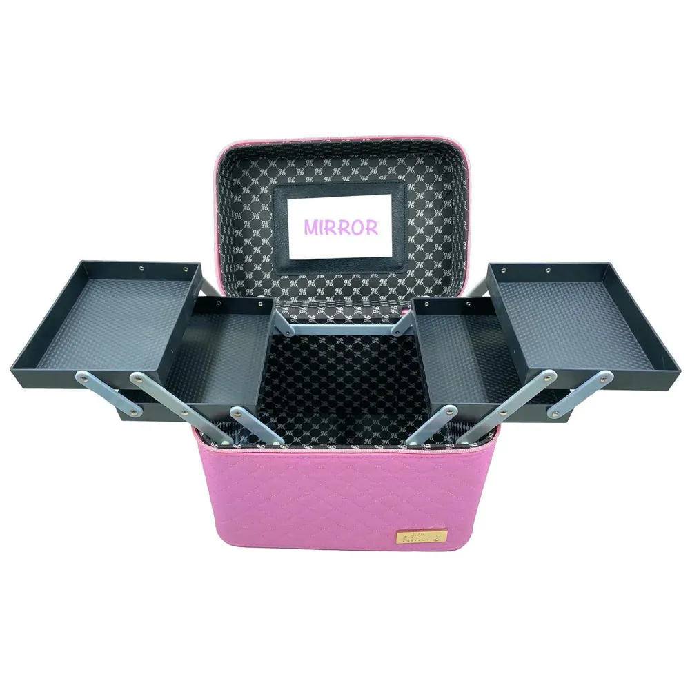 Women's Fabric Professional Beauty Make Up Nail Cosmetic Box Vanity Case 28 X 23 X 19cm (Pink)