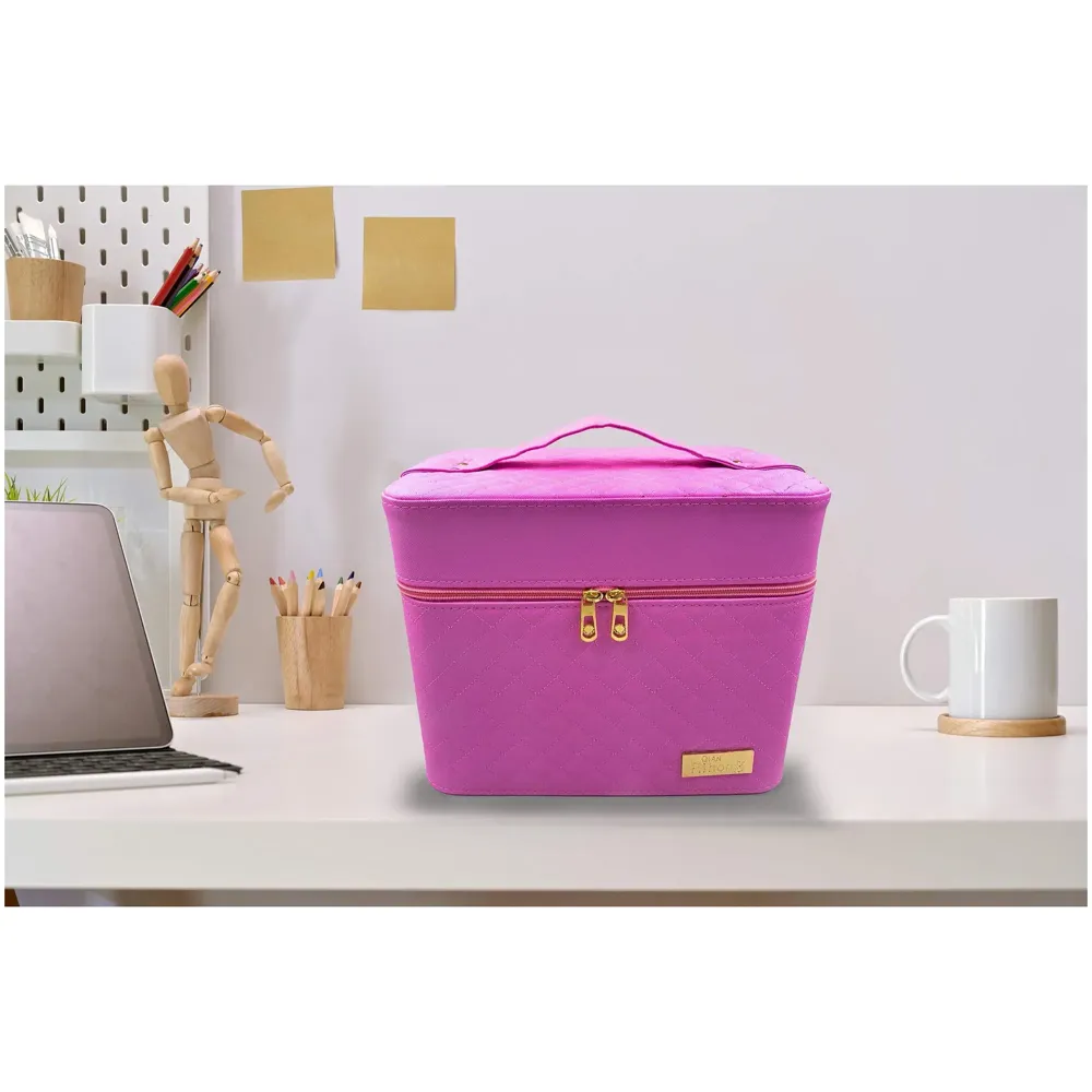 Women's Fabric Professional Beauty Make Up Nail Cosmetic Box Vanity Case 28 X 23 X 19cm (Pink)