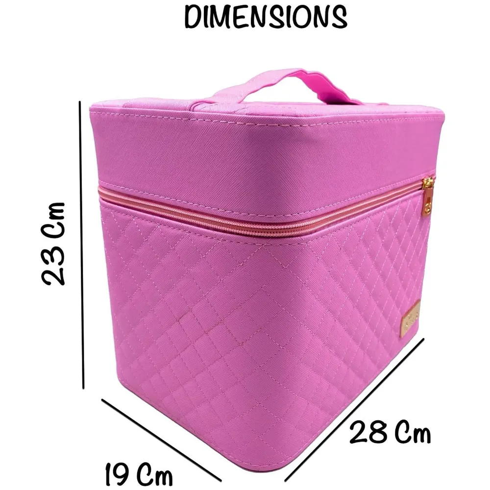 Women's Fabric Professional Beauty Make Up Nail Cosmetic Box Vanity Case 28 X 23 X 19cm (Pink)