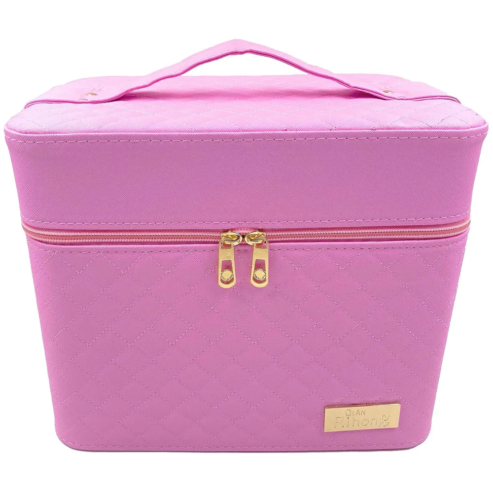 Women's Fabric Professional Beauty Make Up Nail Cosmetic Box Vanity Case 28 X 23 X 19cm (Pink)