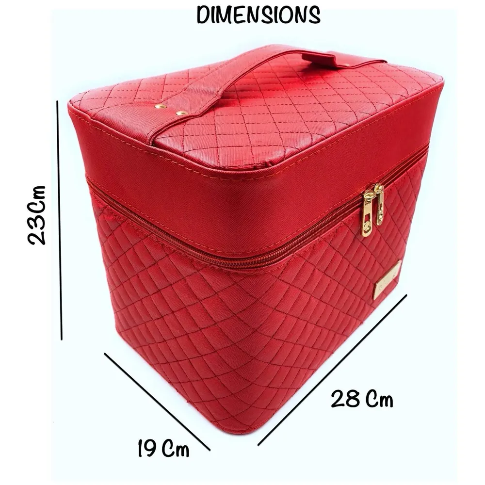 Women's Fabric Professional Beauty Make Up Nail Cosmetic Box Vanity Case 28 X 23 X 19cm (Red)