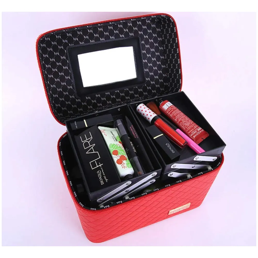 Women's Fabric Professional Beauty Make Up Nail Cosmetic Box Vanity Case 28 X 23 X 19cm (Red)