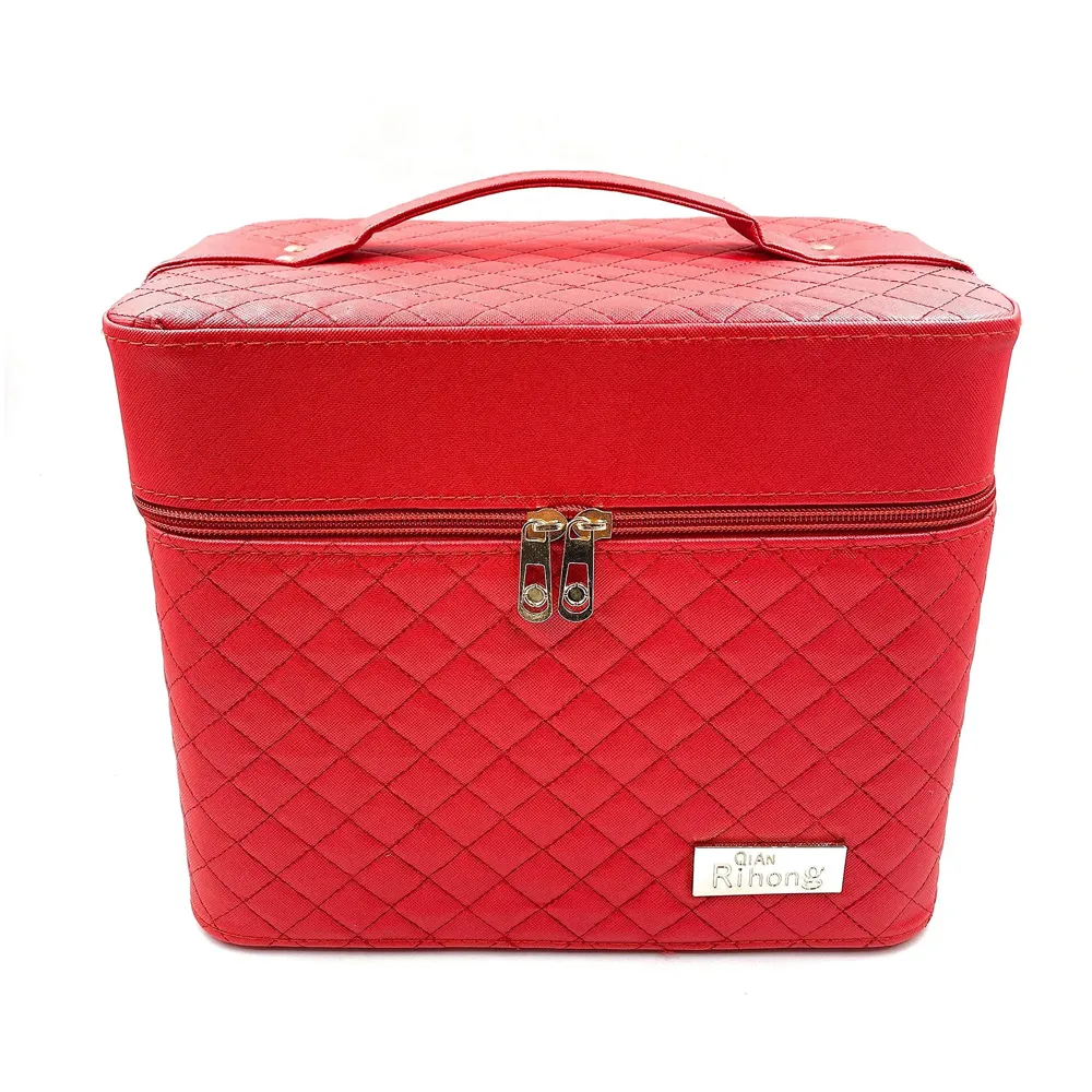 Women's Fabric Professional Beauty Make Up Nail Cosmetic Box Vanity Case 28 X 23 X 19cm (Red)