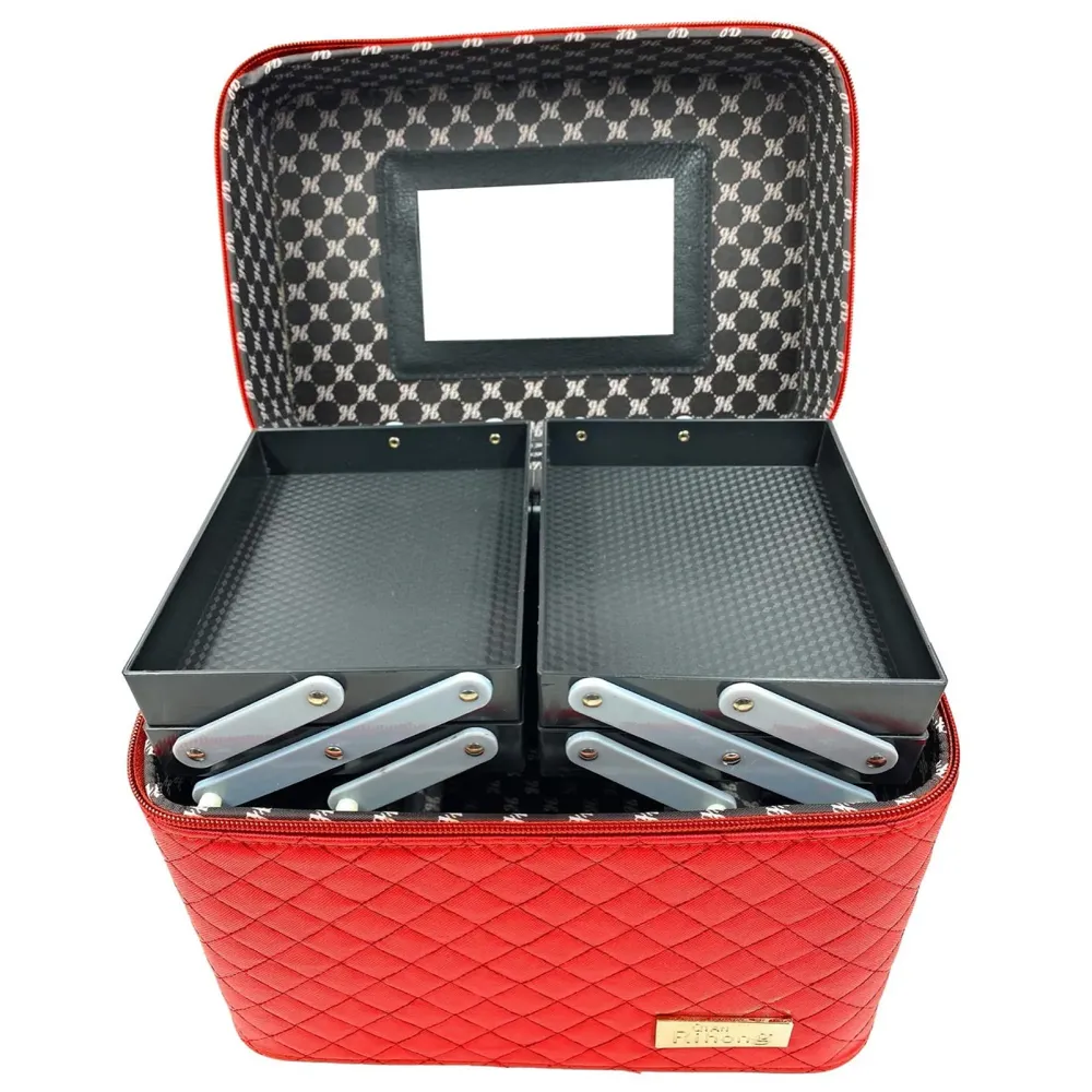 Women's Fabric Professional Beauty Make Up Nail Cosmetic Box Vanity Case 28 X 23 X 19cm (Red)