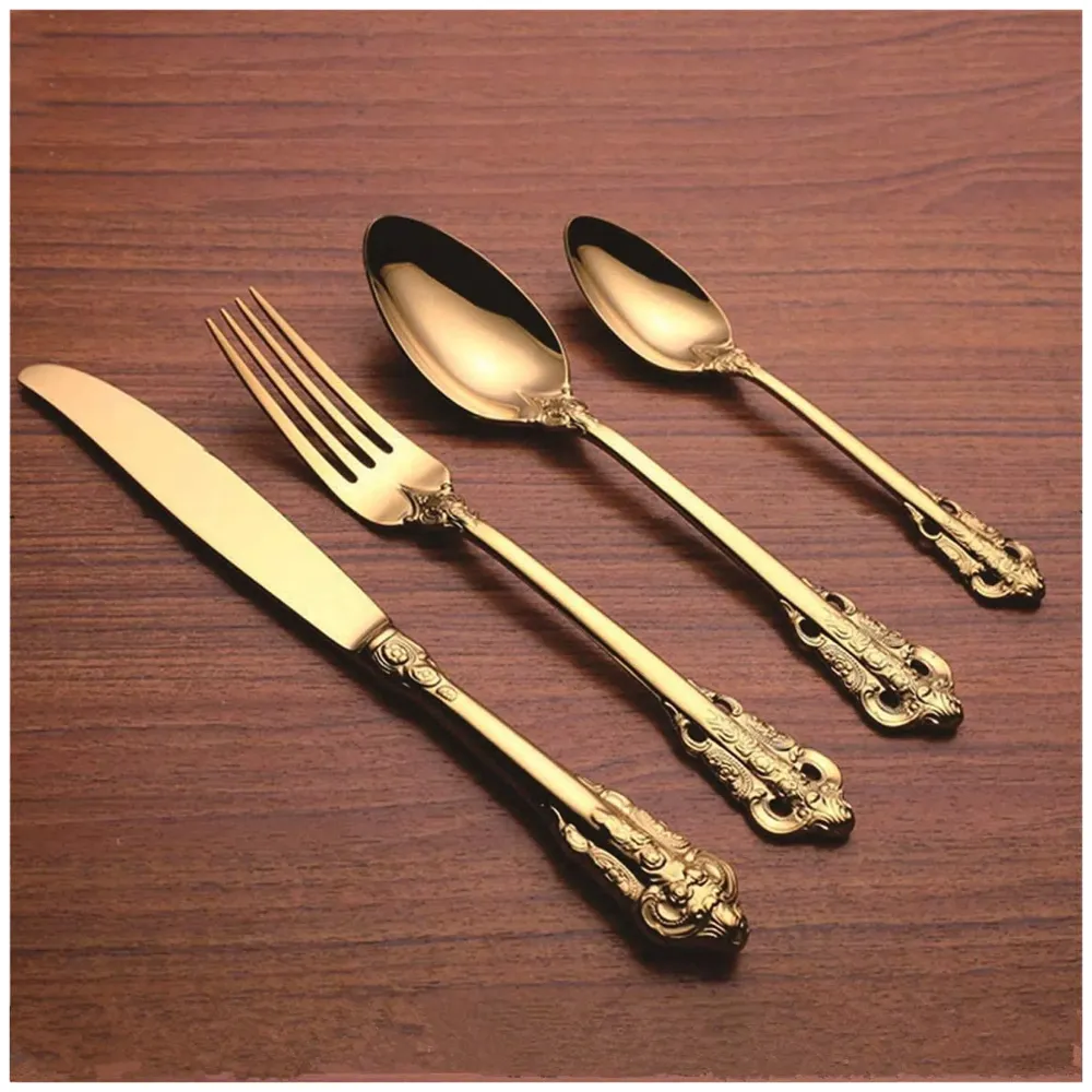 Golden Royal Cutlery 4 Pc Set, 18/10 Stainless Steel, Dishwasher Safe. Gold Cutlery Royal Gold Set Dinner Guest