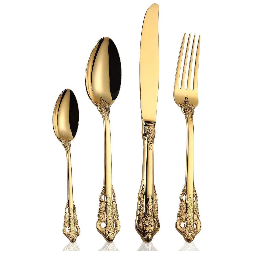 Golden Royal Cutlery 4 Pc Set, 18/10 Stainless Steel, Dishwasher Safe. Gold Cutlery Royal Gold Set Dinner Guest
