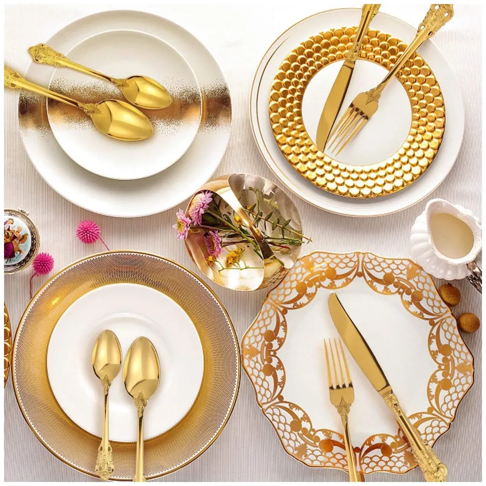 Golden Royal Cutlery 4 Pc Set, 18/10 Stainless Steel, Dishwasher Safe. Gold Cutlery (Gold)