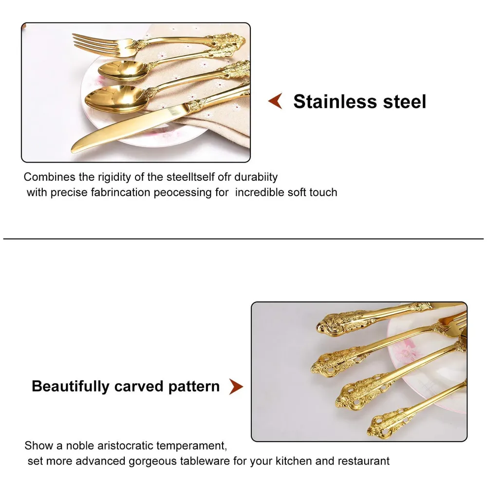 Golden Royal Cutlery 4 Pc Set, 18/10 Stainless Steel, Dishwasher Safe. Gold Cutlery (Gold)