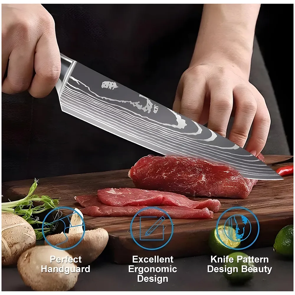 Damascus Chef Knife - 8 Inch High Carbon Stainless Steel with Laser Pattern - Sharp, Ergonomic - Gift Boxed