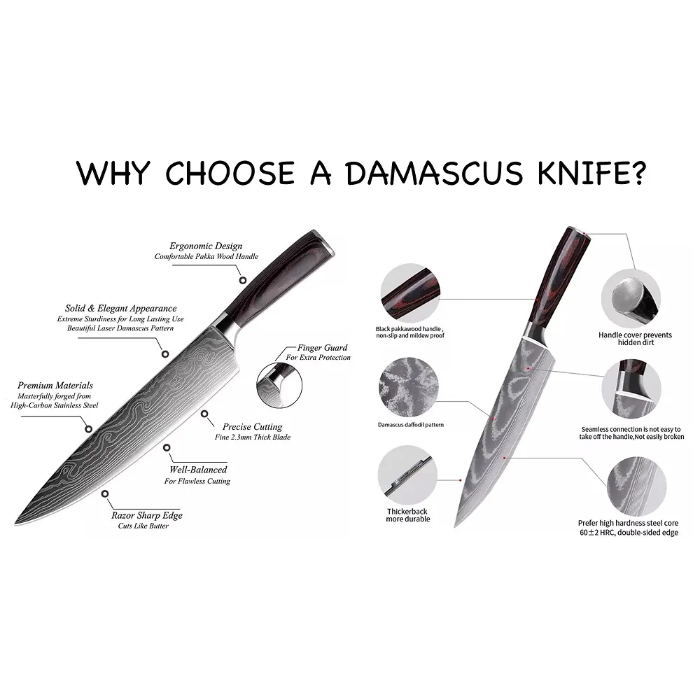 Damascus Chef Knife - 8 Inch High Carbon Stainless Steel with Laser Pattern - Sharp, Ergonomic - Gift Boxed