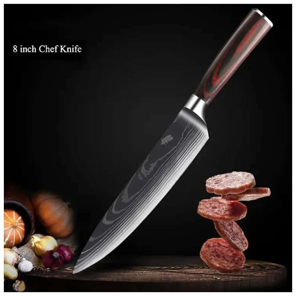 Damascus Chef Knife - 8 Inch High Carbon Stainless Steel with Laser Pattern - Sharp, Ergonomic - Gift Boxed
