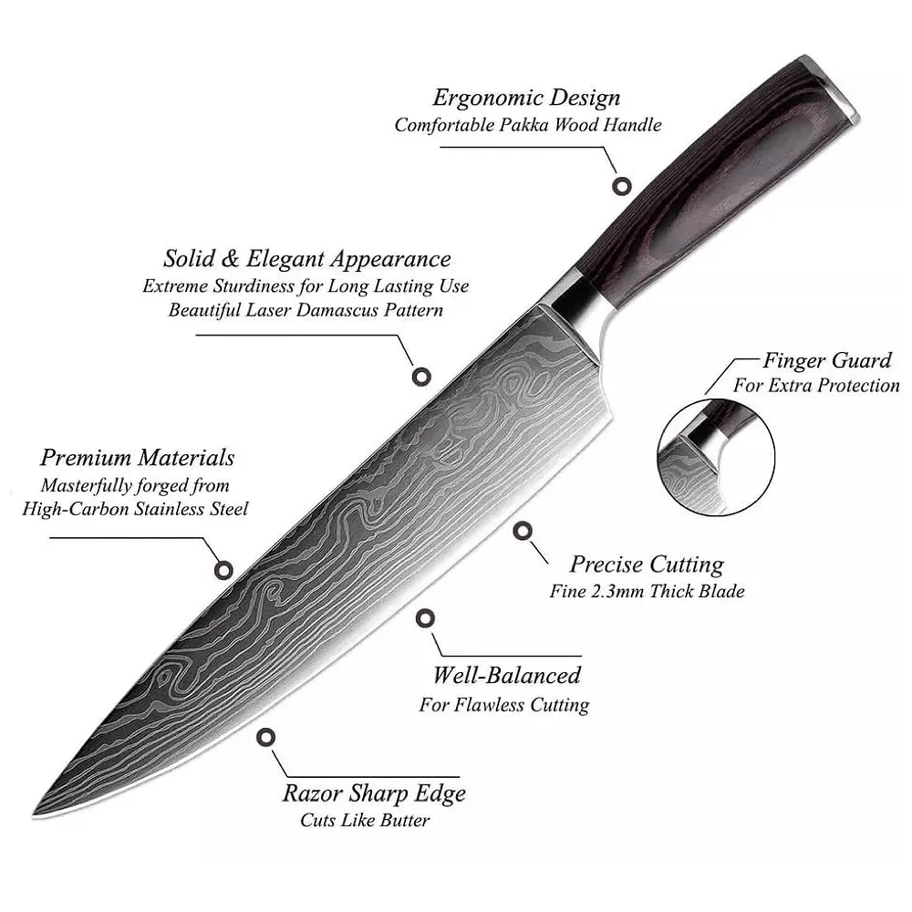 Damascus Chef Knife - 8 Inch High Carbon Stainless Steel with Laser Pattern - Sharp, Ergonomic - Gift Boxed