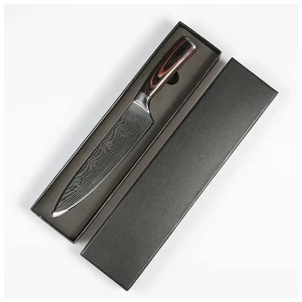 Damascus Chef Knife - 8 Inch High Carbon Stainless Steel with Laser Pattern - Sharp, Ergonomic - Gift Boxed