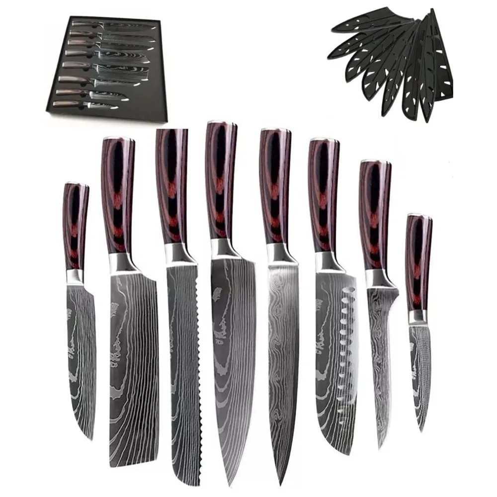 8 Pieces Damascus Knife Set with Laser Pattern - Imperial Collection - Chef's Knife High Carbon Stainless Steel Laser Knives Kitchen