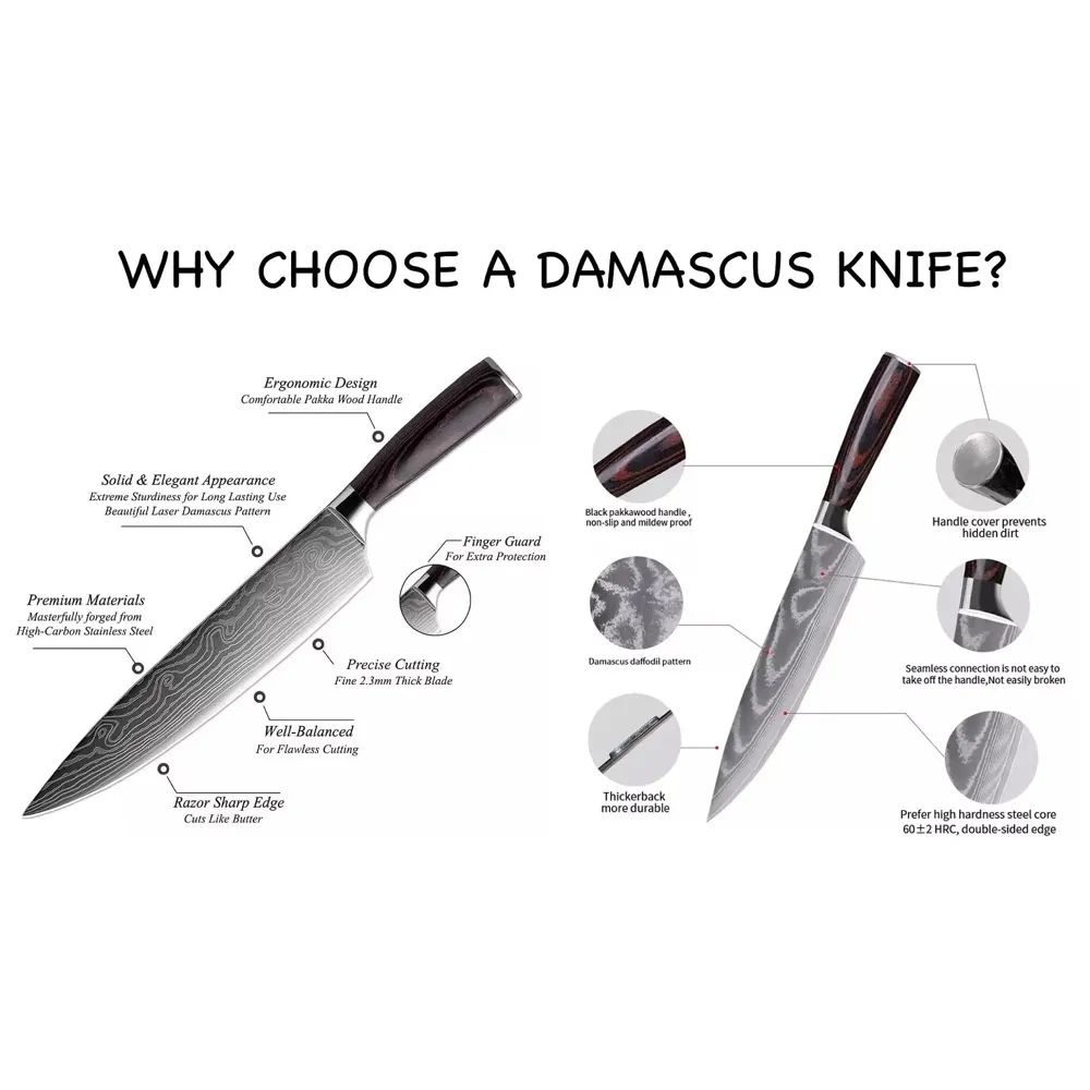 8 Pieces Damascus Knife Set with Laser Pattern - Imperial Collection - Chef's Knife High Carbon Stainless Steel Laser Knives Kitchen - 5