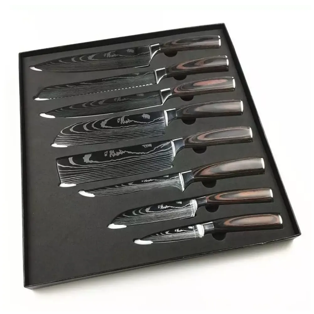 8 Pieces Damascus Knife Set with Laser Pattern - Imperial Collection - Chef's Knife High Carbon Stainless Steel Laser Knives Kitchen - 8