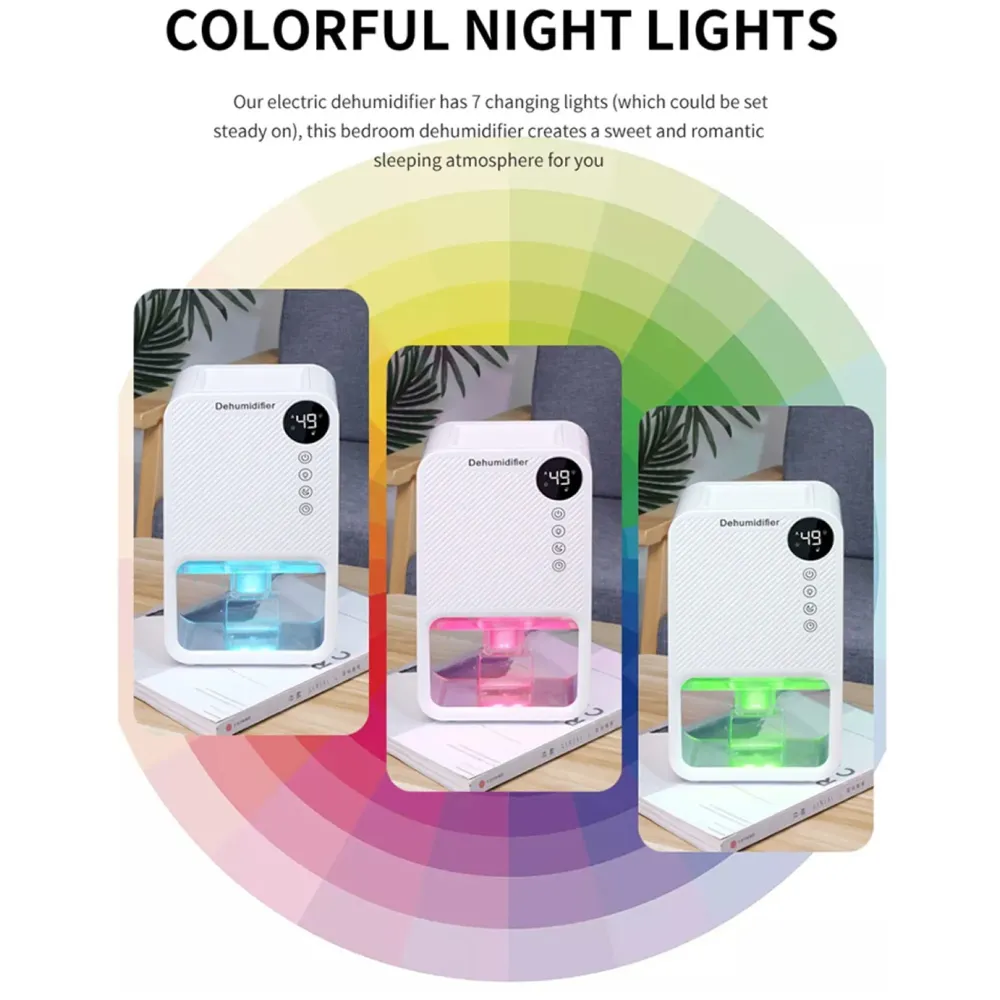 Electric Dehumidifier For Small Rooms And Offices, 1100ML Tank With LCD Display And 7 Ambient Lights, Auto Shut Off Dehumidifier White - 22.5cm x 15cm x 11cm - 2