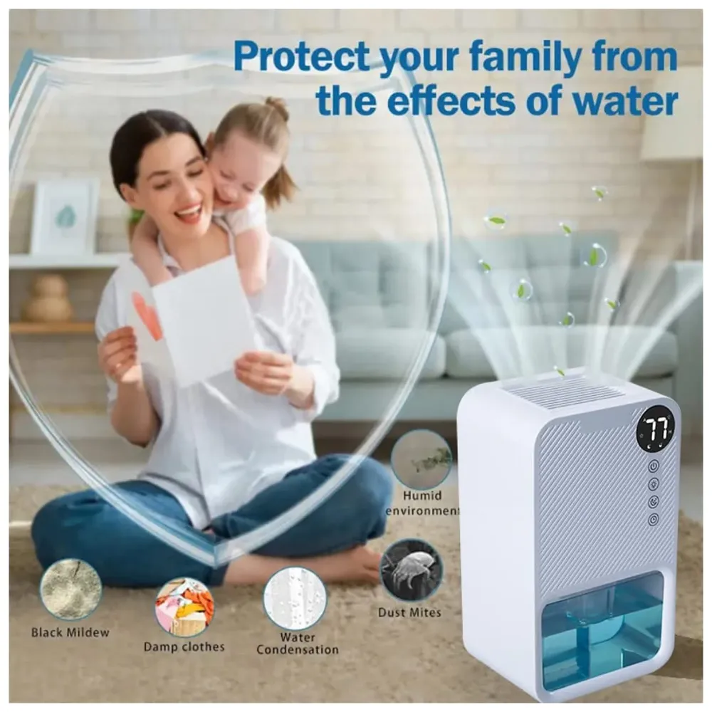 Electric Dehumidifier For Small Rooms And Offices, 1100ML Tank With LCD Display And 7 Ambient Lights, Auto Shut Off Dehumidifier White - 22.5cm x 15cm x 11cm