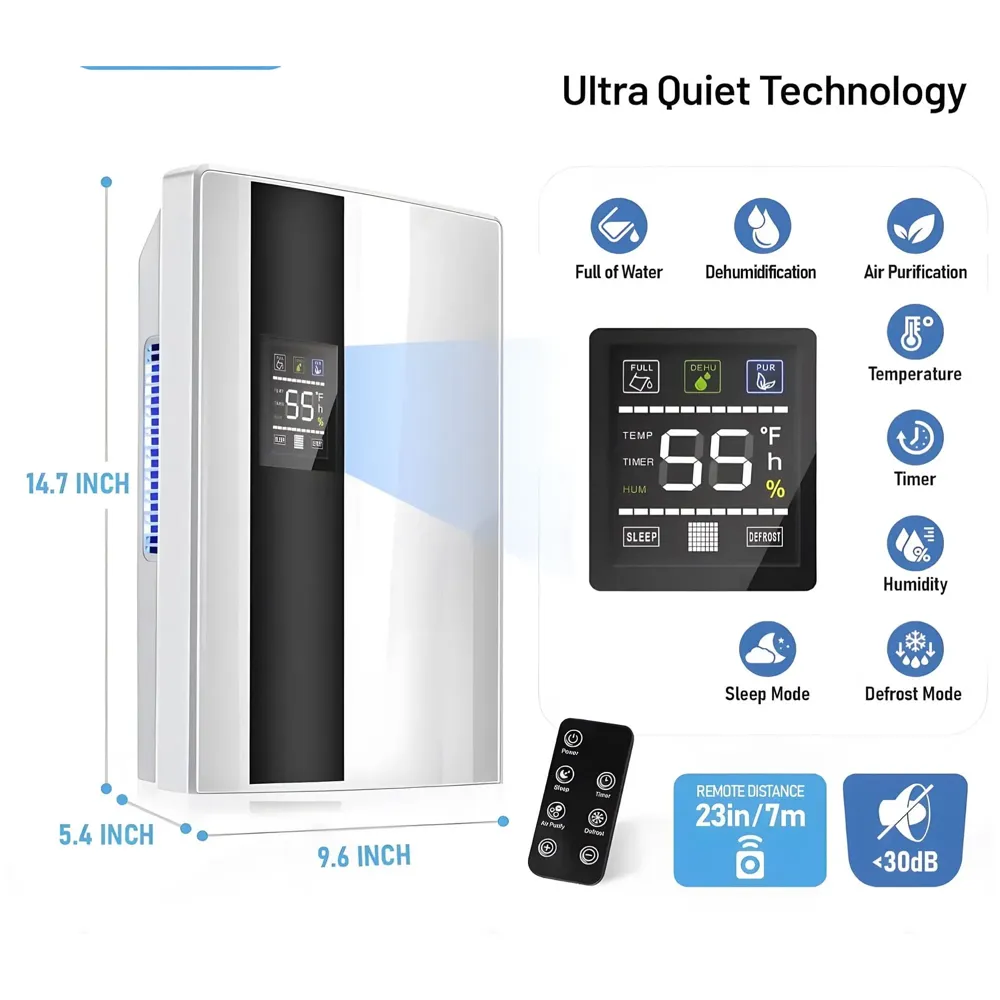 700 sqft Dehumidifier For Rooms And Offices, 2200ML Tank With LCD Display And Remote, Auto Shut Off Dehumidifier White