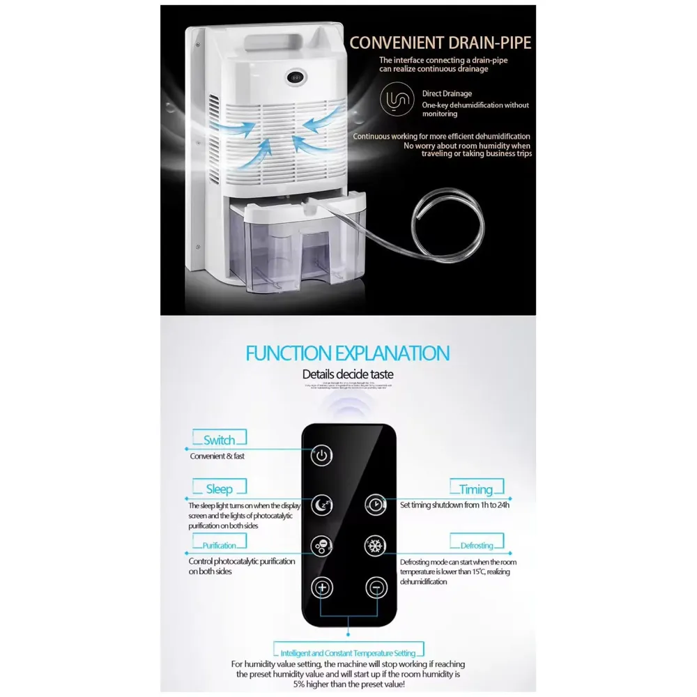 700 sqft Dehumidifier For Rooms And Offices, 2200ML Tank With LCD Display And Remote, Auto Shut Off Dehumidifier White