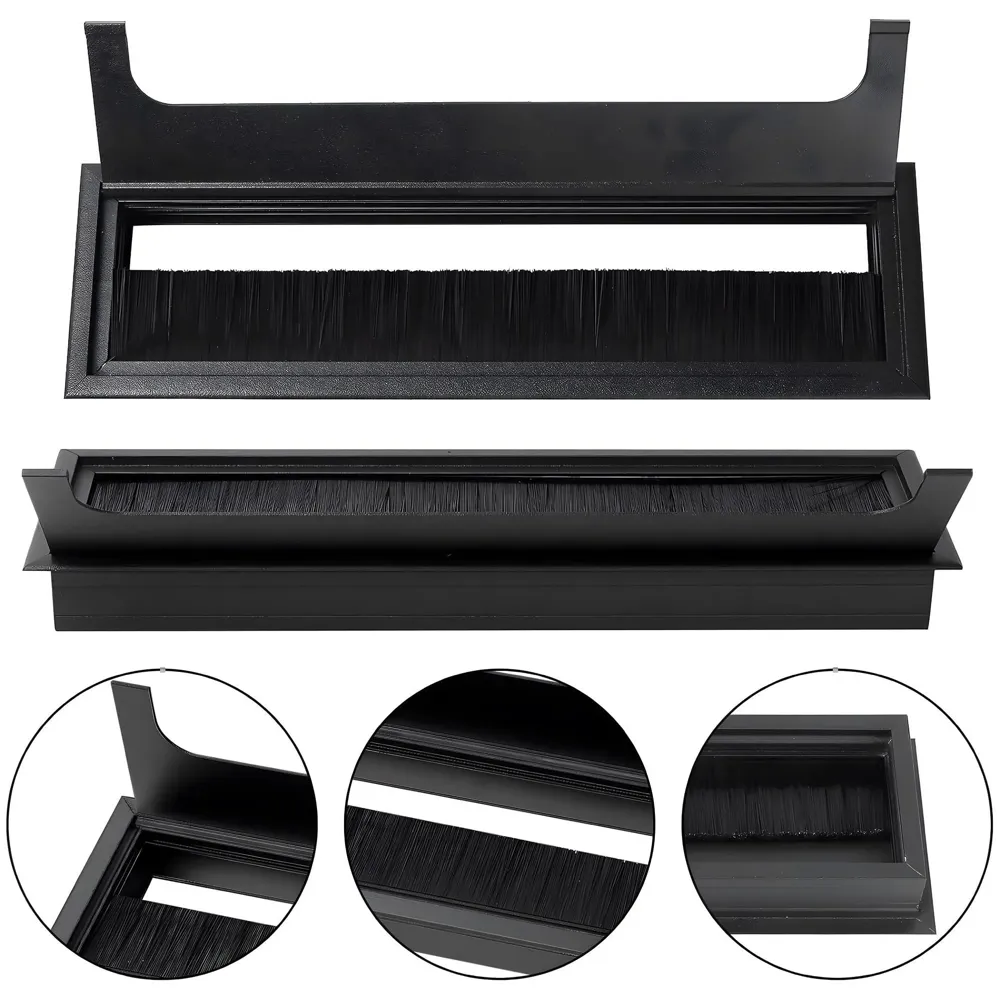 28 Cm Aluminum Office Desk Wire Cable Hole Cover with Dust Proof Brushes for Computers Work Rectangular Metal Organizer Stylish Desk Accessory Wire Manager Concealed. 280 mm x 80 mm Black
