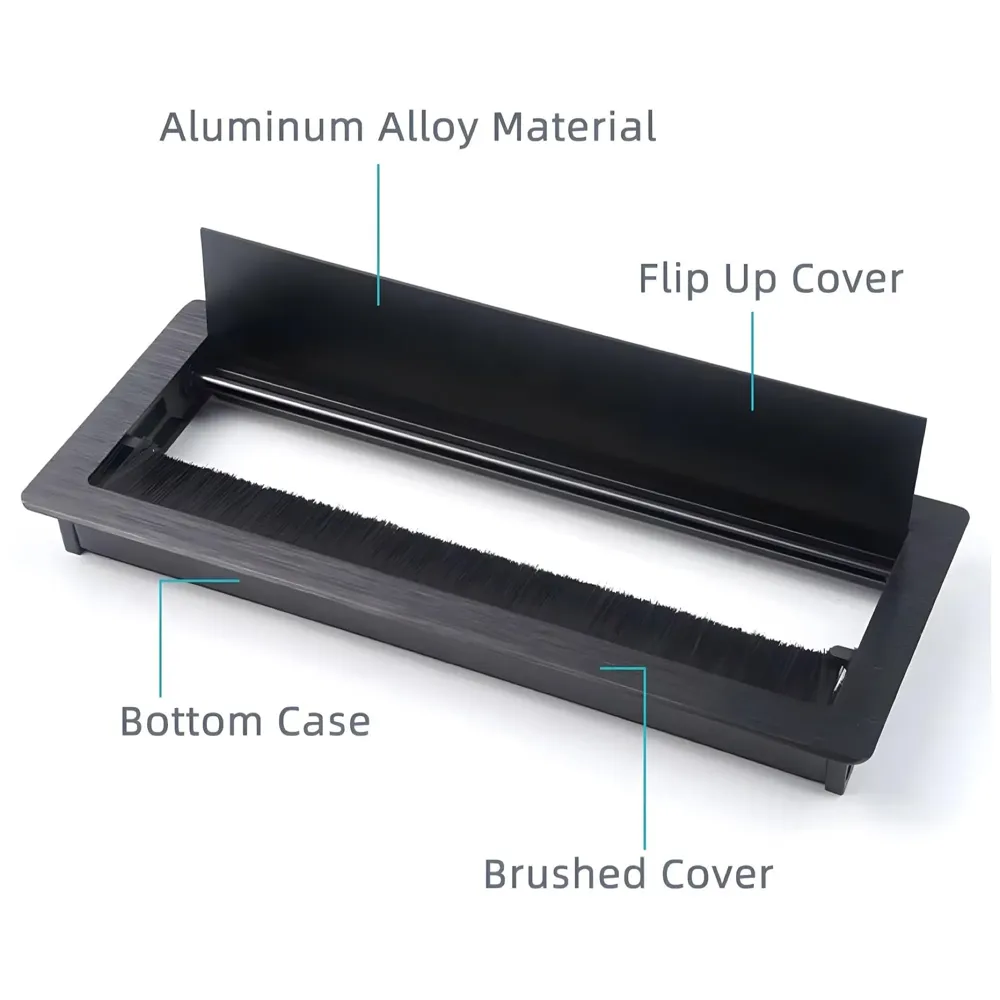 28 Cm Aluminum Office Desk Wire Cable Hole Cover with Dust Proof Brushes for Computers Work Rectangular Metal Organizer Stylish Desk Accessory Wire Manager Concealed. 280 mm x 80 mm Black