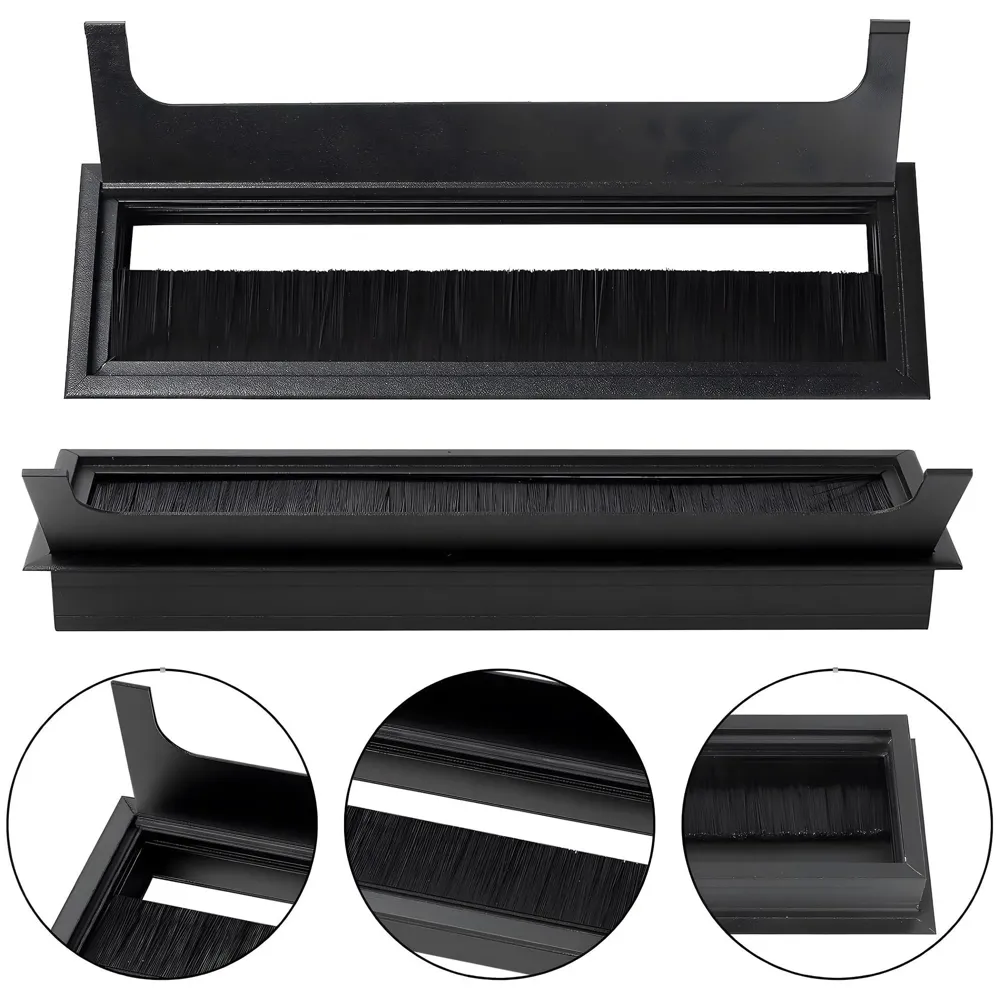 28 Cm Aluminum Office Desk Wire Cable Hole Cover with Dust Proof Brushes for Computers Work Rectangular Metal Organizer Stylish Desk Accessory Wire Manager Concealed. 280 mm x 80 mm Black - 3