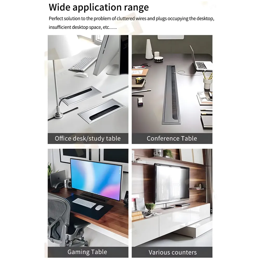 28 Cm Aluminum Office Desk Wire Cable Hole Cover With Dust Proof Brushes For Computers Work Rectangular Metal Organizer Stylish Desk Accessory Wire Manager Concealed. 280 mm x 80 mm Silver