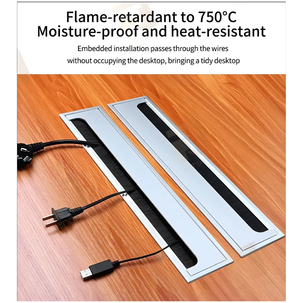 28 Cm Aluminum Office Desk Wire Cable Hole Cover With Dust Proof Brushes For Computers Work Rectangular Metal Organizer Stylish Desk Accessory Wire Manager Concealed. 280 mm x 80 mm Silver
