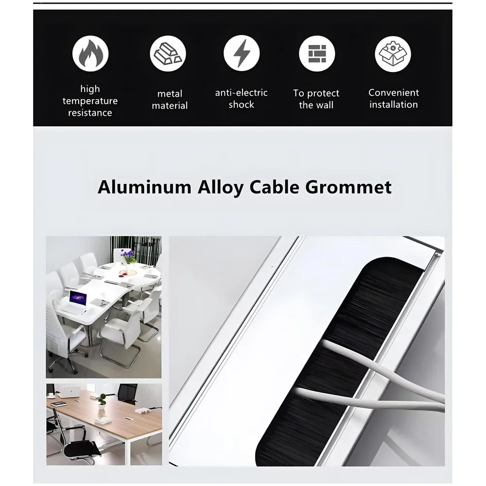 28 Cm Aluminum Office Desk Wire Cable Hole Cover With Dust Proof Brushes For Computers Work Rectangular Metal Organizer Stylish Desk Accessory Wire Manager Concealed. 280 mm x 80 mm Silver