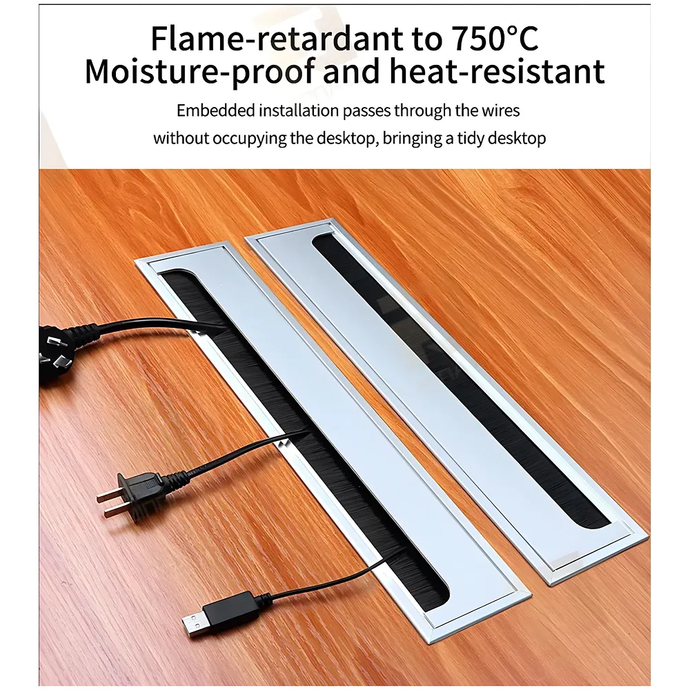 28 Cm Aluminum Office Desk Wire Cable Hole Cover With Dust Proof Brushes For Computers Work Rectangular Metal Organizer Stylish Desk Accessory Wire Manager Concealed. 280 mm x 80 mm Silver