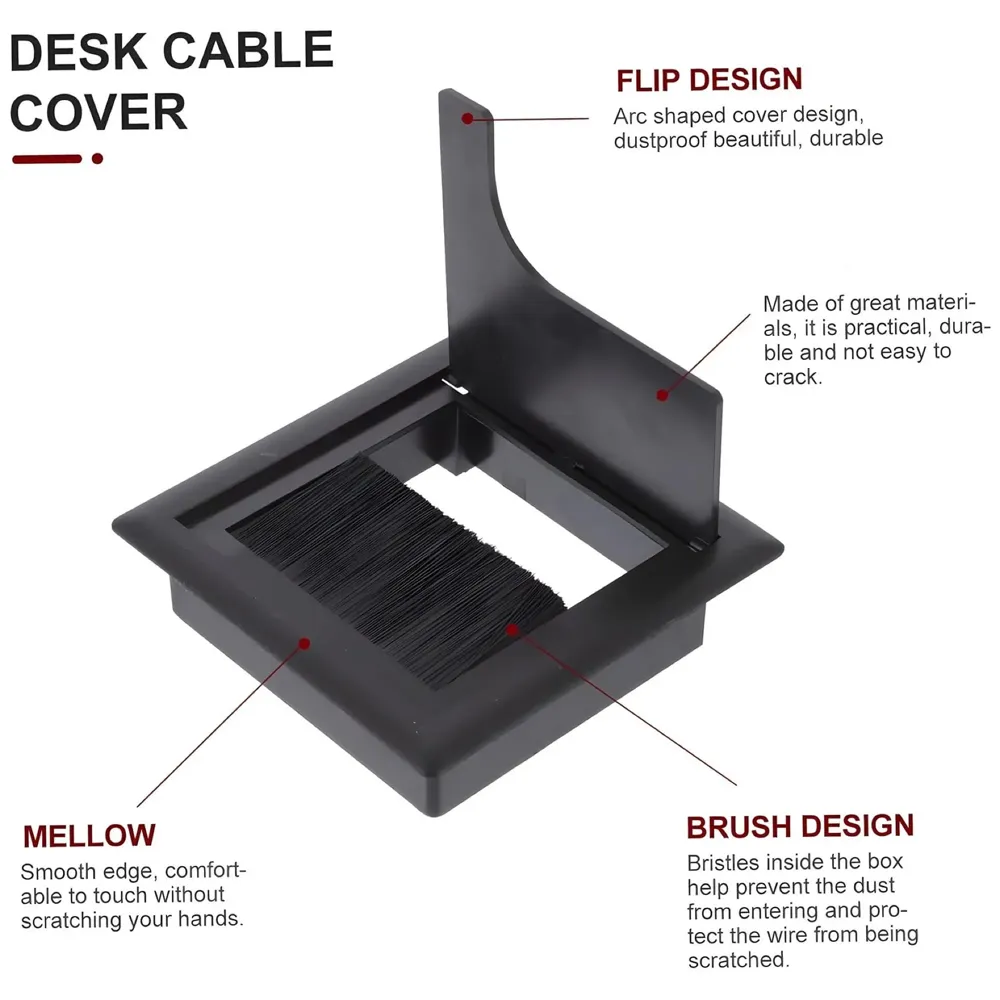 8 Cm Aluminum Office Desk Wire Cable Hole Cover with Dust Proof Brushes for Computers Work Rectangular Metal Organizer Stylish Desk Accessory Wire Manager Concealed. 80 mm x 80 mm Black