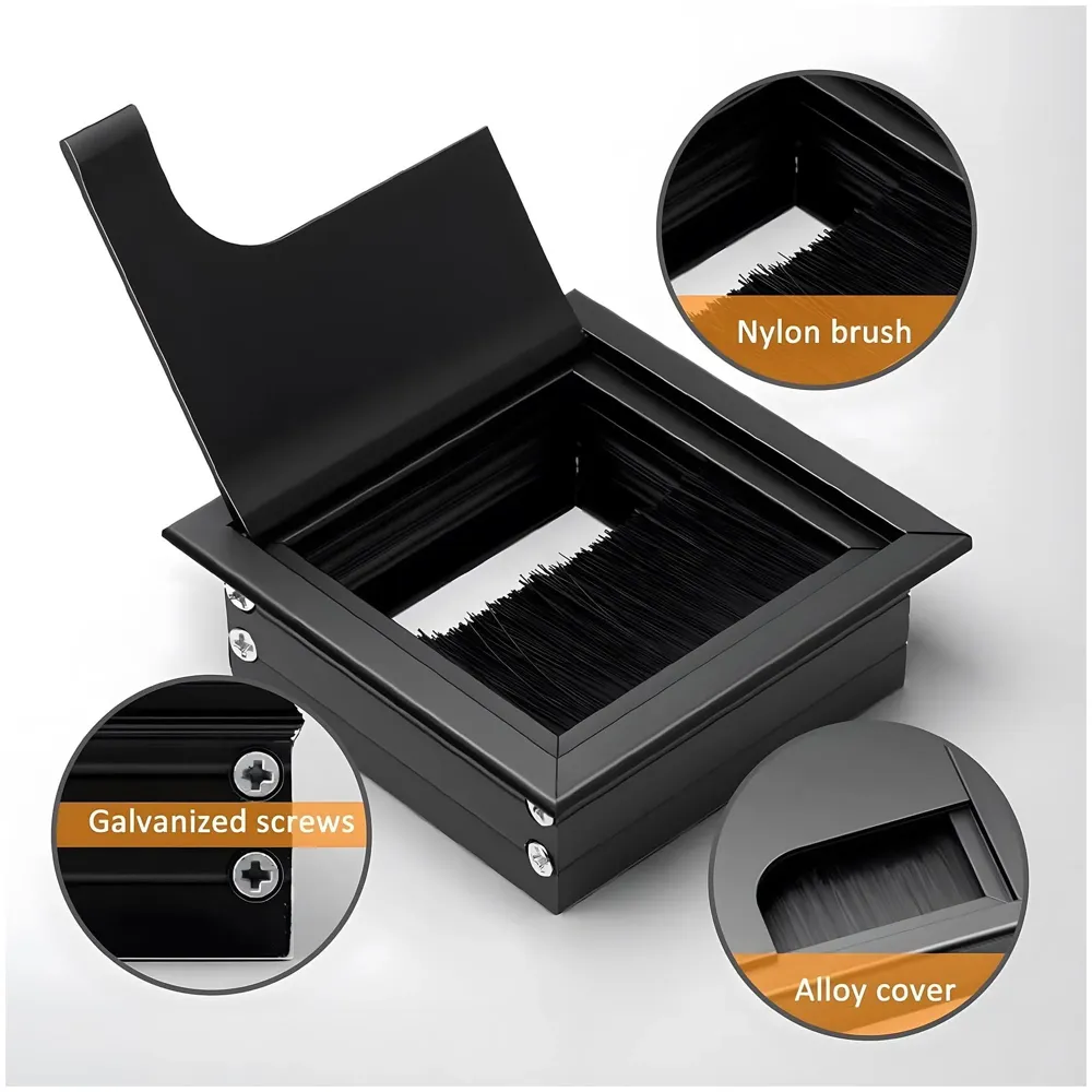 8 Cm Aluminum Office Desk Wire Cable Hole Cover with Dust Proof Brushes for Computers Work Rectangular Metal Organizer Stylish Desk Accessory Wire Manager Concealed. 80 mm x 80 mm Black
