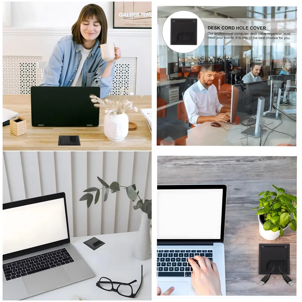 8 Cm Aluminum Office Desk Wire Cable Hole Cover with Dust Proof Brushes for Computers Work Rectangular Metal Organizer Stylish Desk Accessory Wire Manager Concealed. 80 mm x 80 mm Black