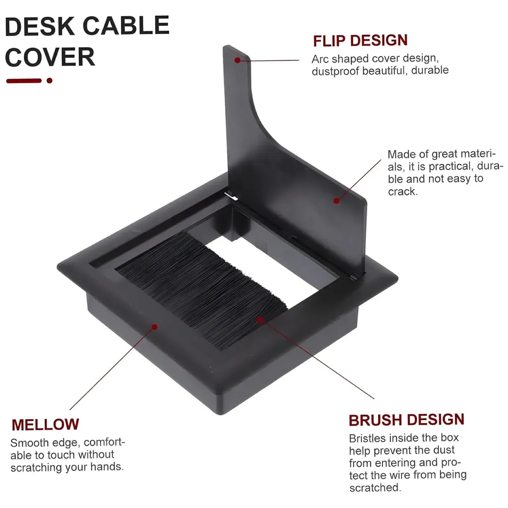 8 Cm Aluminum Office Desk Wire Cable Hole Cover with Dust Proof Brushes for Computers Work Rectangular Metal Organizer Stylish Desk Accessory Wire Manager Concealed. 80 mm x 80 mm Black