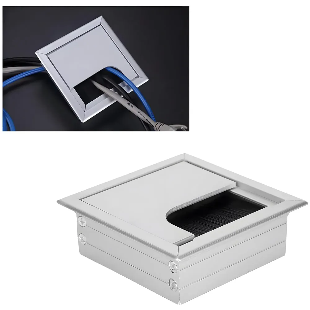 8 Cm Aluminum Office Desk Wire Cable Hole Cover with Dust Proof Brushes for Computers Work Rectangular Metal Organizer Stylish Desk Accessory Wire Manager Concealed. 80 mm x 80 mm Silver