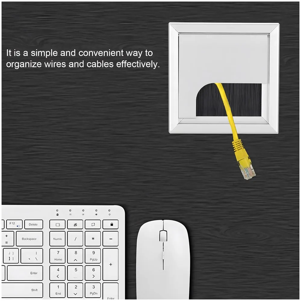 8 Cm Aluminum Office Desk Wire Cable Hole Cover with Dust Proof Brushes for Computers Work Rectangular Metal Organizer Stylish Desk Accessory Wire Manager Concealed. 80 mm x 80 mm Silver