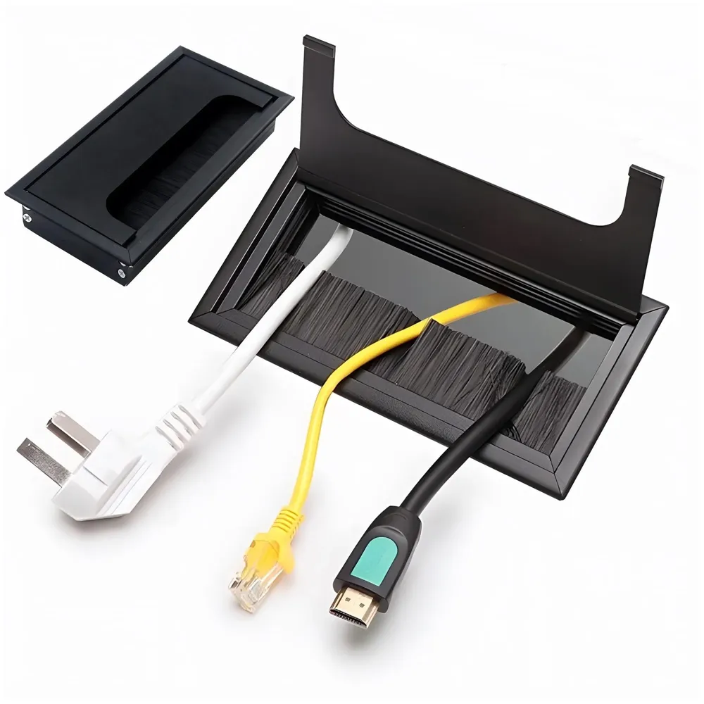Office Desk Wire Cable Hole Cover Aluminum with Dust Proof Brushes for Computers Work Rectangular Metal Organizer Stylish Desk Accessory Wire Manager Concealed System. 160 mm x 80 mm Black