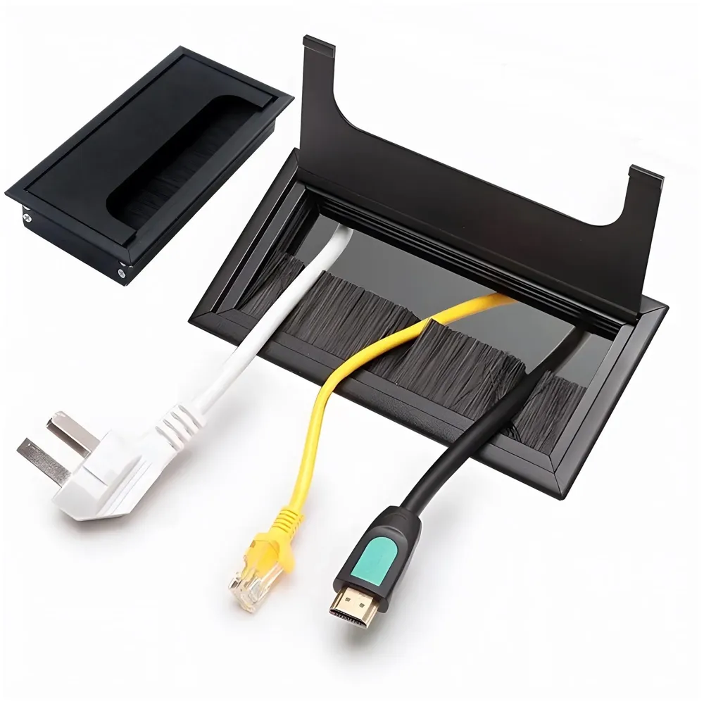 Office Desk Wire Cable Hole Cover Aluminum with Dust Proof Brushes for Computers Work Rectangular Metal Organizer Stylish Desk Accessory Wire Manager Concealed System. 160 mm x 80 mm Black