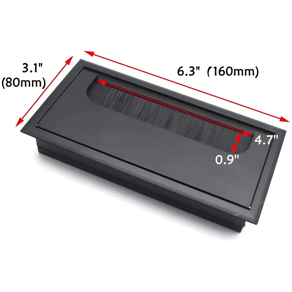 Office Desk Wire Cable Hole Cover Aluminum with Dust Proof Brushes for Computers Work Rectangular Metal Organizer Stylish Desk Accessory Wire Manager Concealed System. 160 mm x 80 mm Black