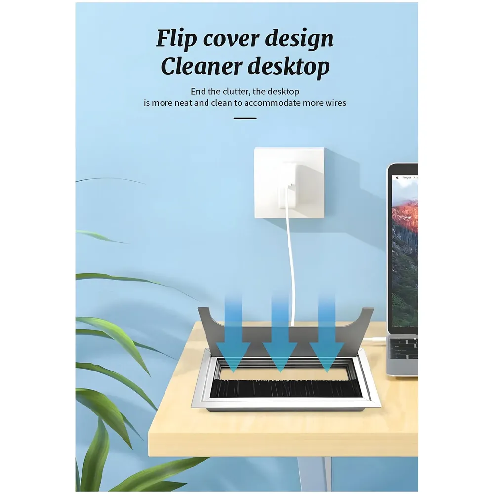 Office Desk Wire Cable Hole Cover Aluminum With Dust Proof Brushes For Computers Work Rectangular Metal Organizer Stylish Desk Accessory Wire Manager Concealed System. 160 mm x 80 mm Silver