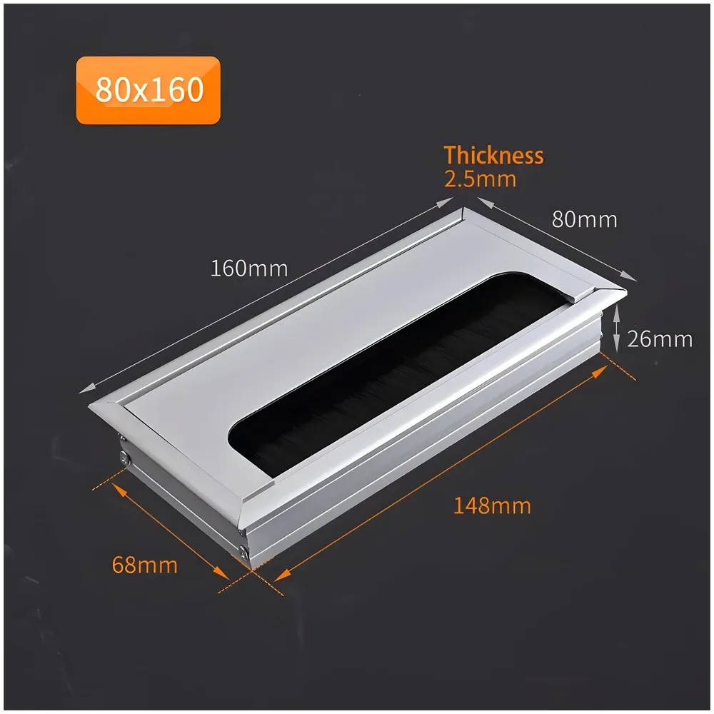 Office Desk Wire Cable Hole Cover Aluminum With Dust Proof Brushes For Computers Work Rectangular Metal Organizer Stylish Desk Accessory Wire Manager Concealed System. 160 mm x 80 mm Silver
