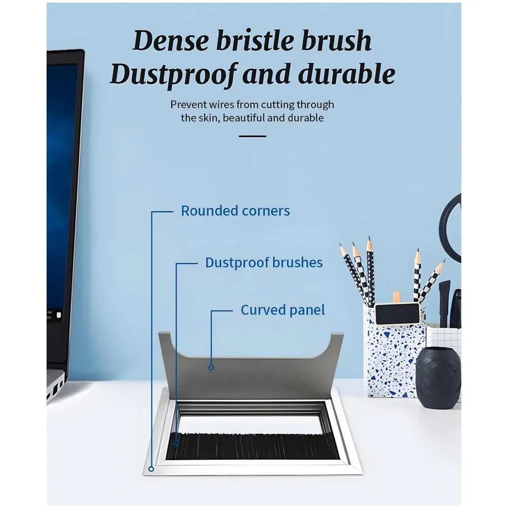 Office Desk Wire Cable Hole Cover Aluminum With Dust Proof Brushes For Computers Work Rectangular Metal Organizer Stylish Desk Accessory Wire Manager Concealed System. 160 mm x 80 mm Silver
