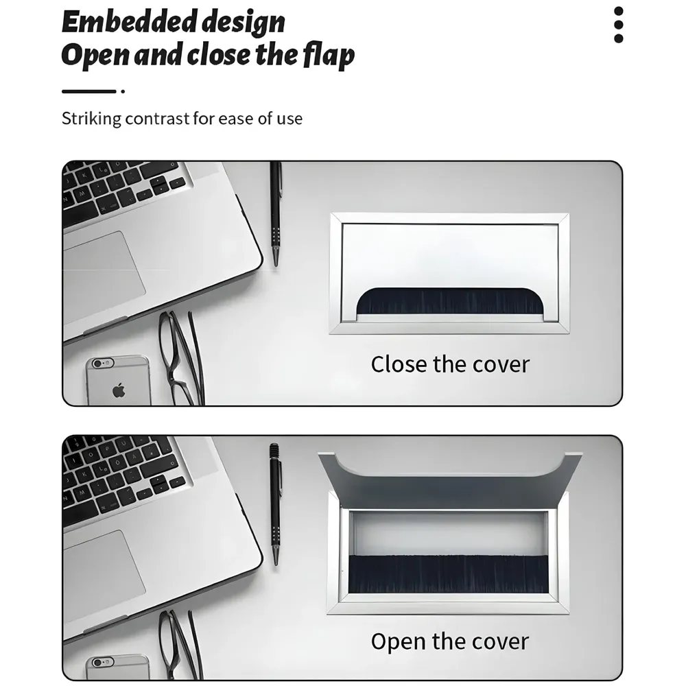 Office Desk Wire Cable Hole Cover Aluminum With Dust Proof Brushes For Computers Work Rectangular Metal Organizer Stylish Desk Accessory Wire Manager Concealed System. 160 mm x 80 mm Silver